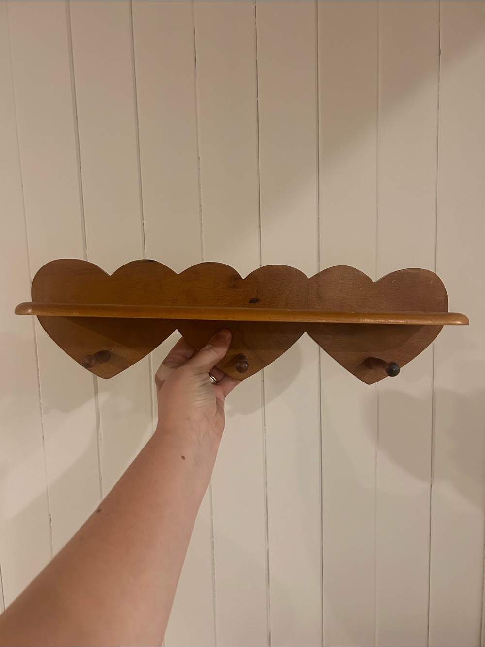 Wooden Triple Heart Wall Shelf with 3 Peg Hooks Country Cottage Decor